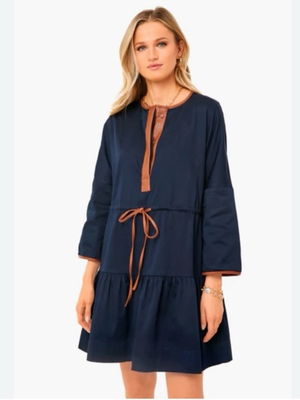 Tuckernuck Lucy Navy Blue Cotton Tiered Dress Leather Trim Size XS